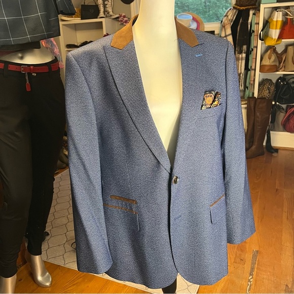 HARRY BROWN Blue houndstooth Blazer with Tan Accents Size 44s Slim Fit - Picture 6 of 11